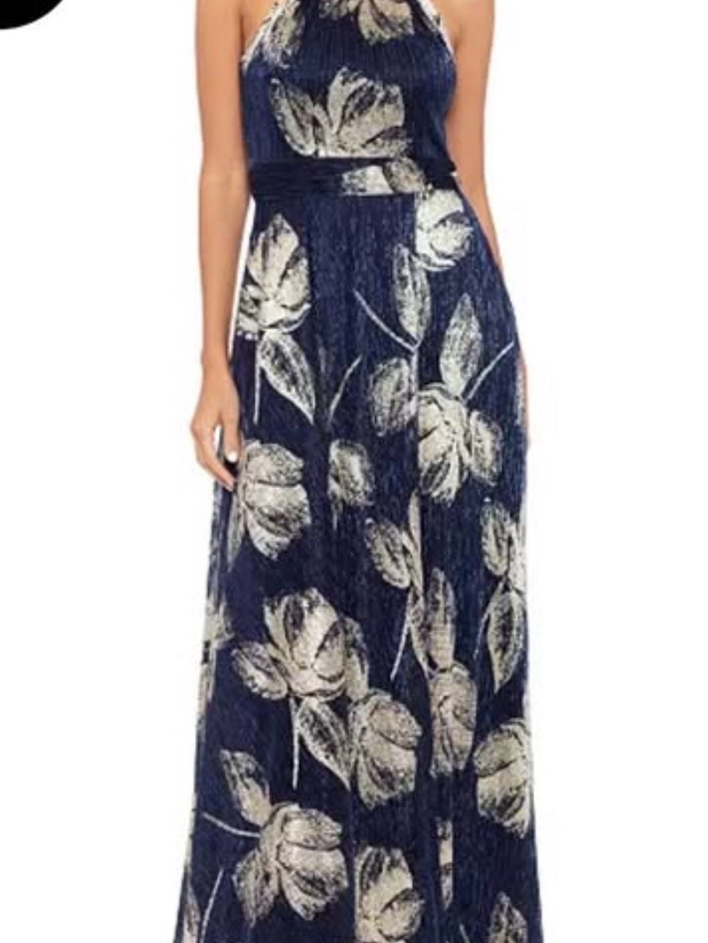 Betsy & Adam Navy and White Floral Halter Maxi Gown
